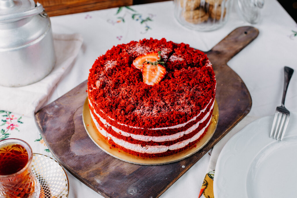 top view red strawberry cake delicious with tea table fruit color cake biscuit sweet