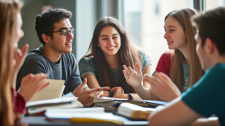 Students practising English conversation in a classroom