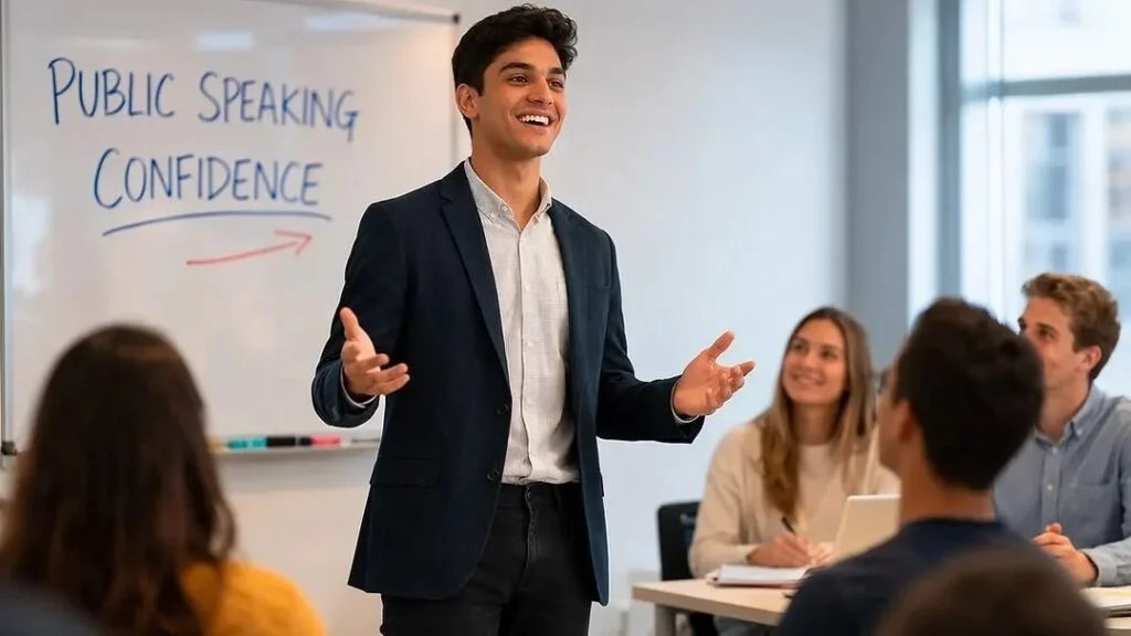Student speaking English confidently in front of a group