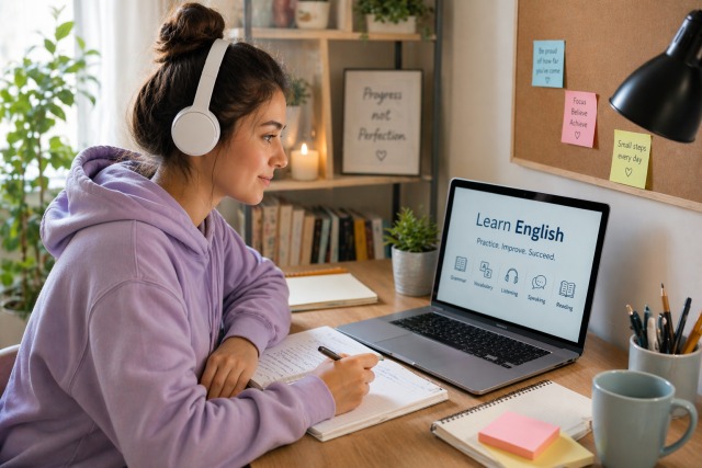 Student practising spoken English at home