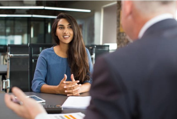 Candidate discussing career goals during a job interview