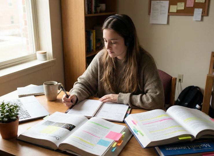 Student studying English with books and a notebook